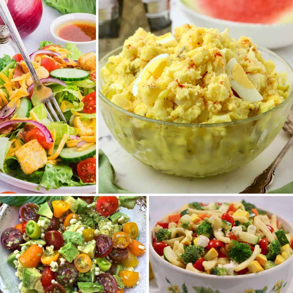 Four salads including potato, classic house, and pasta salad.