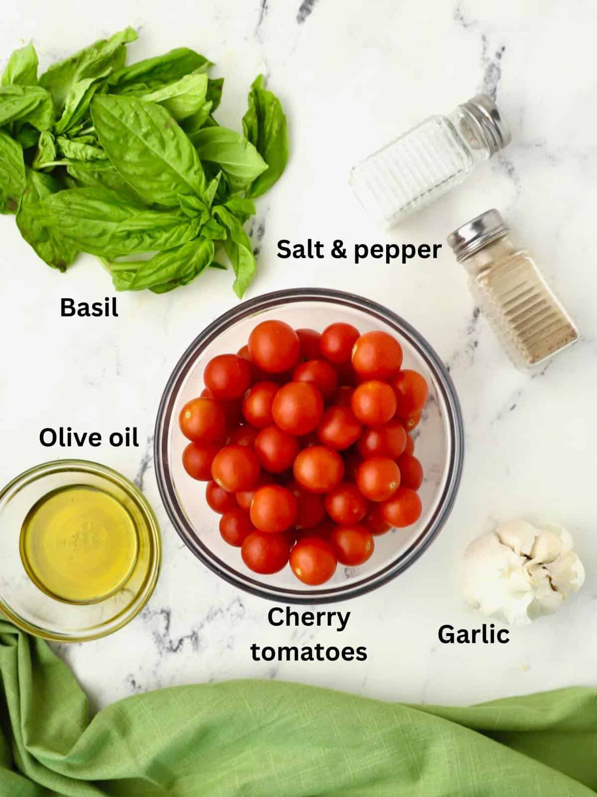 Ingredients for cherry tomato sauce include basil and garlic. 