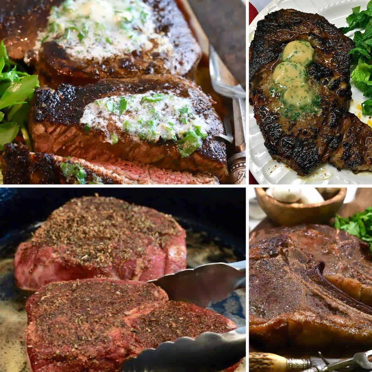 A collage of pictures of four steaks including one of them cooking.