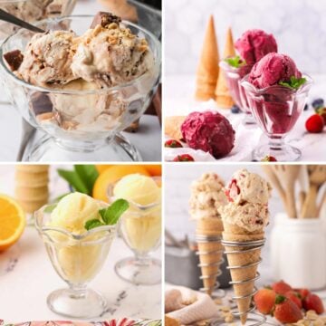 Four images of ice cream and sherbets including orange and berry sherbet.