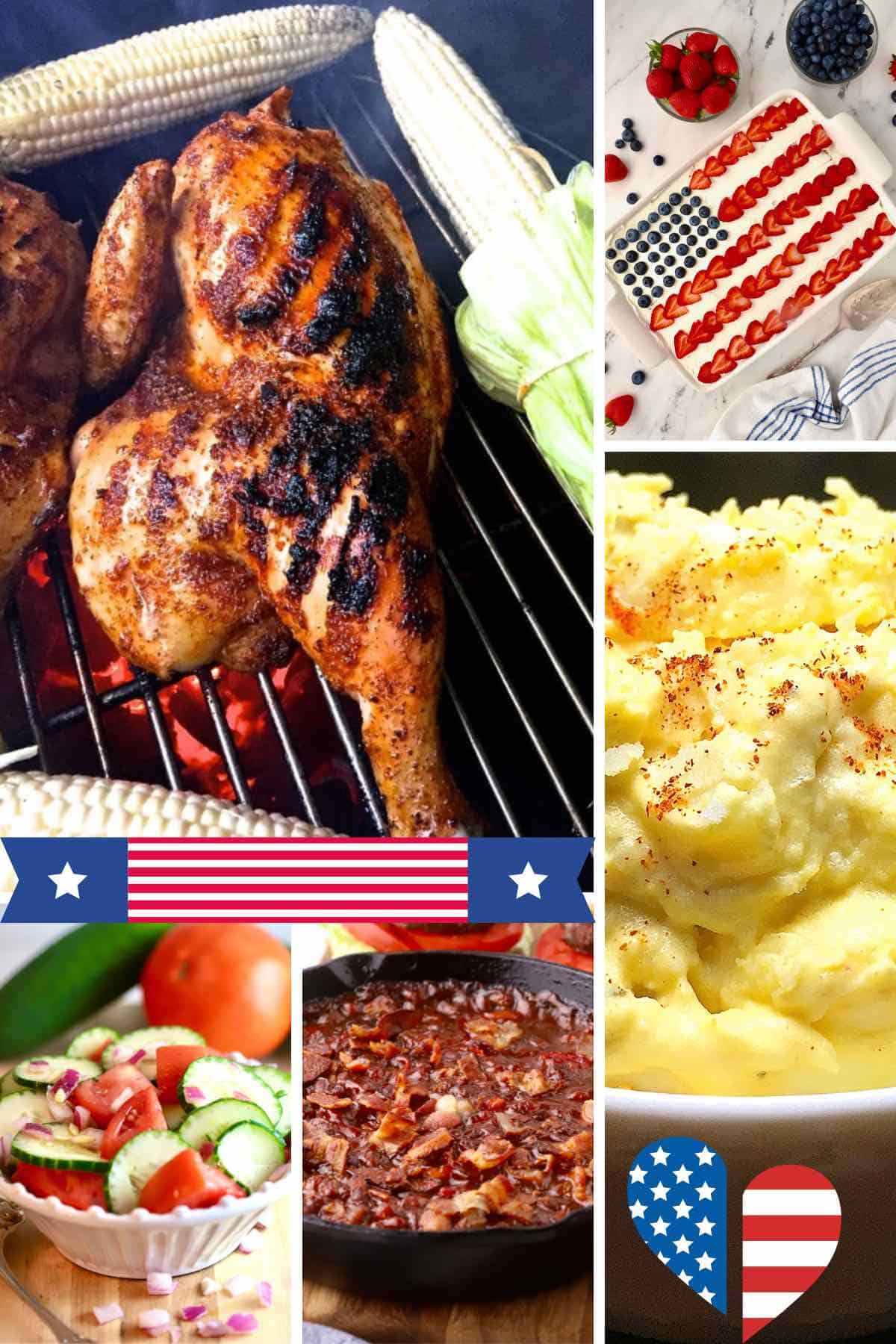 Memorial Day recipe collage with 6 recipes including grilled chicken, and potato salad.