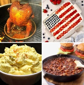 Memorial Day recipe photos including beer can chicken and a red, white, and blue cake.