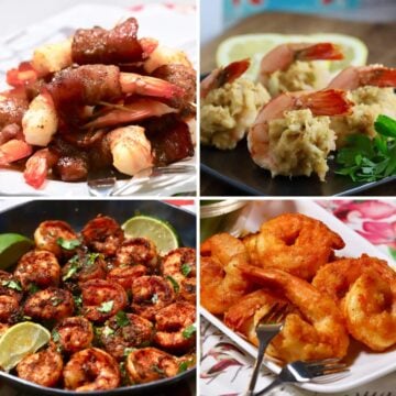A collage of four shrimp recipe photos including bacon wrapped shrimp and stuffed shrimp.