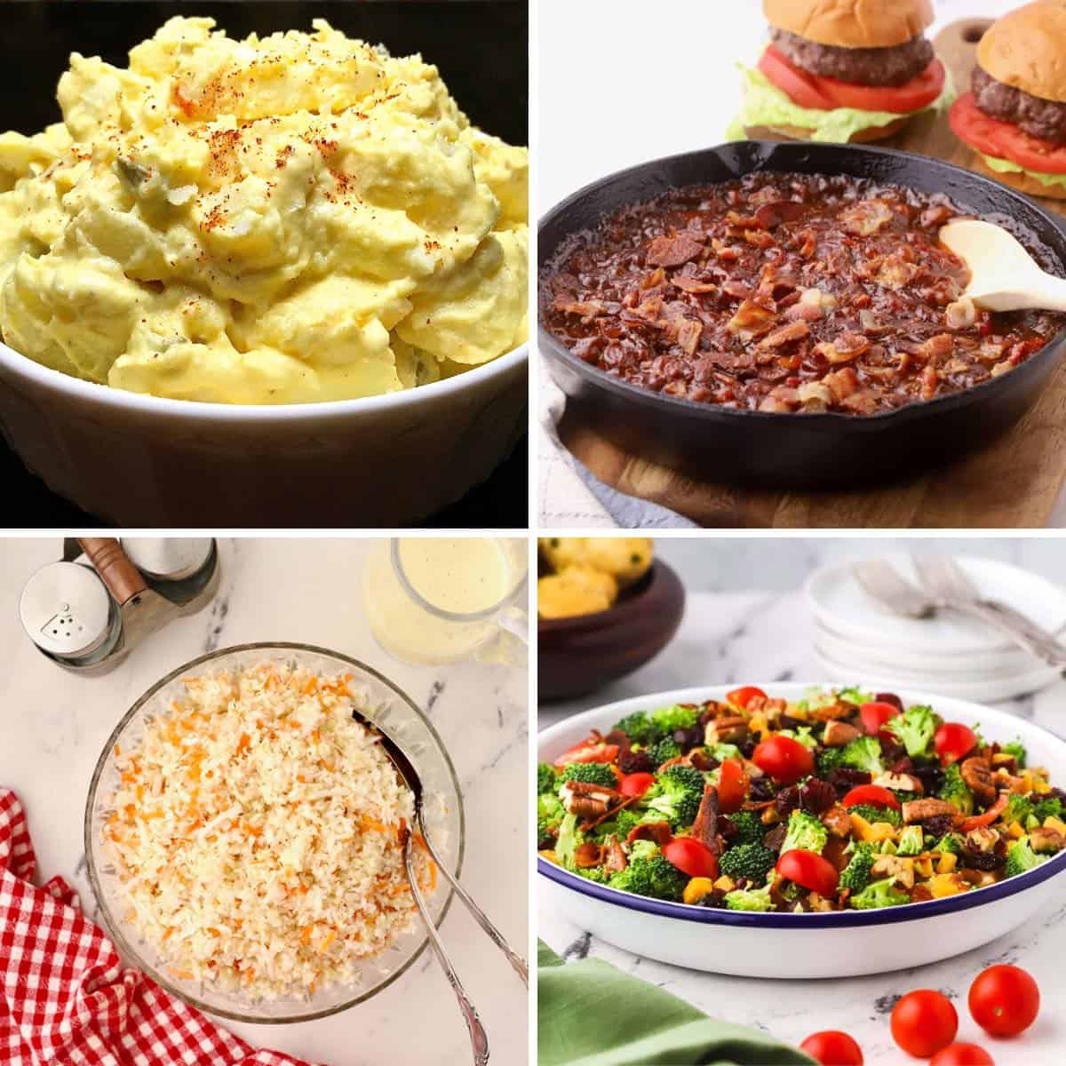 Collage of four summer side dishes including potato salad and coleslaw. 