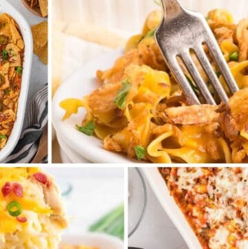 Four casseroles including chicken taco, french onion, ravioli, and chicken divan.