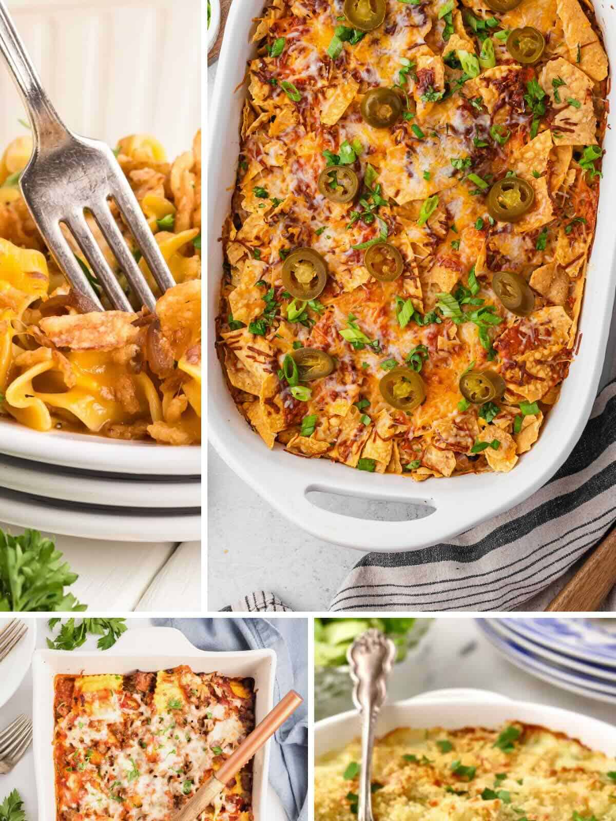 Four casseroles including chicken taco, french onion, ravioli, and chicken divan. 