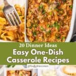 Pinterest pin with four casserole images including ravioli, French onion, and chicken taco casseroles.