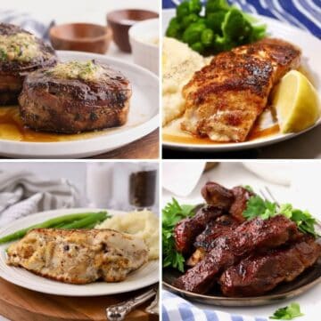 A collage of four Father's Day dinner images including filet mignon, blackened fish, stuffed chicken, and boneless pork ribs.