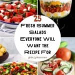 A collage of four summer salads includes watermelon salad, seven layer salad, broccoli salad, and cucumber salad.