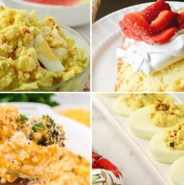 A collage of four Southern Potluck dishes includes potato salad, broccoli cheese casserole, pound cake, and deviled eggs.