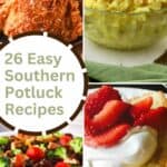 A collage of 4 popular potluck dishes in the South, includes fried chicken, potato salad, pound cake and broccoli salad.