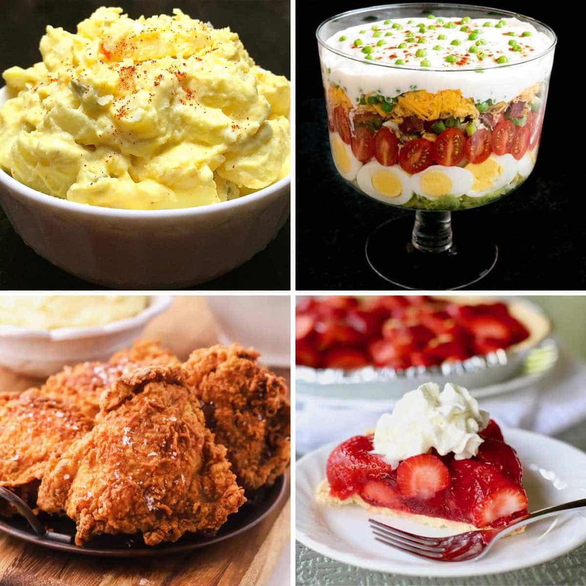 Four potluck dishes including potato salad and fried chicken.