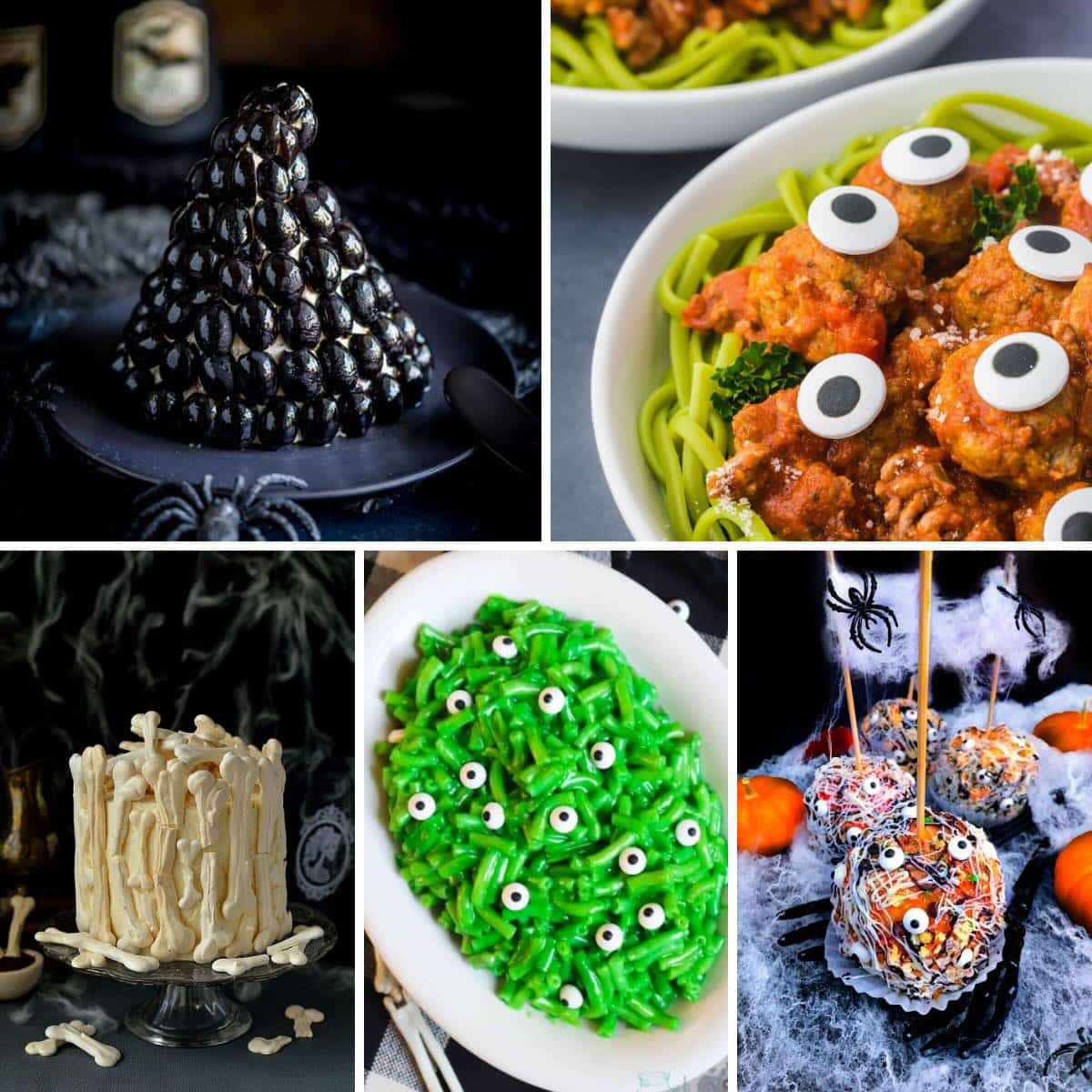 Five pictures of Halloween Potluck ideas include Halloween pasta with meatball eyes, a candied apple, and Monster Mac and Cheese. 