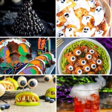 Six Halloween Food Ideas for a Potluck includes a Ghost Pizza, Halloween pasta, Witch's Hat, and a Halloween cake.