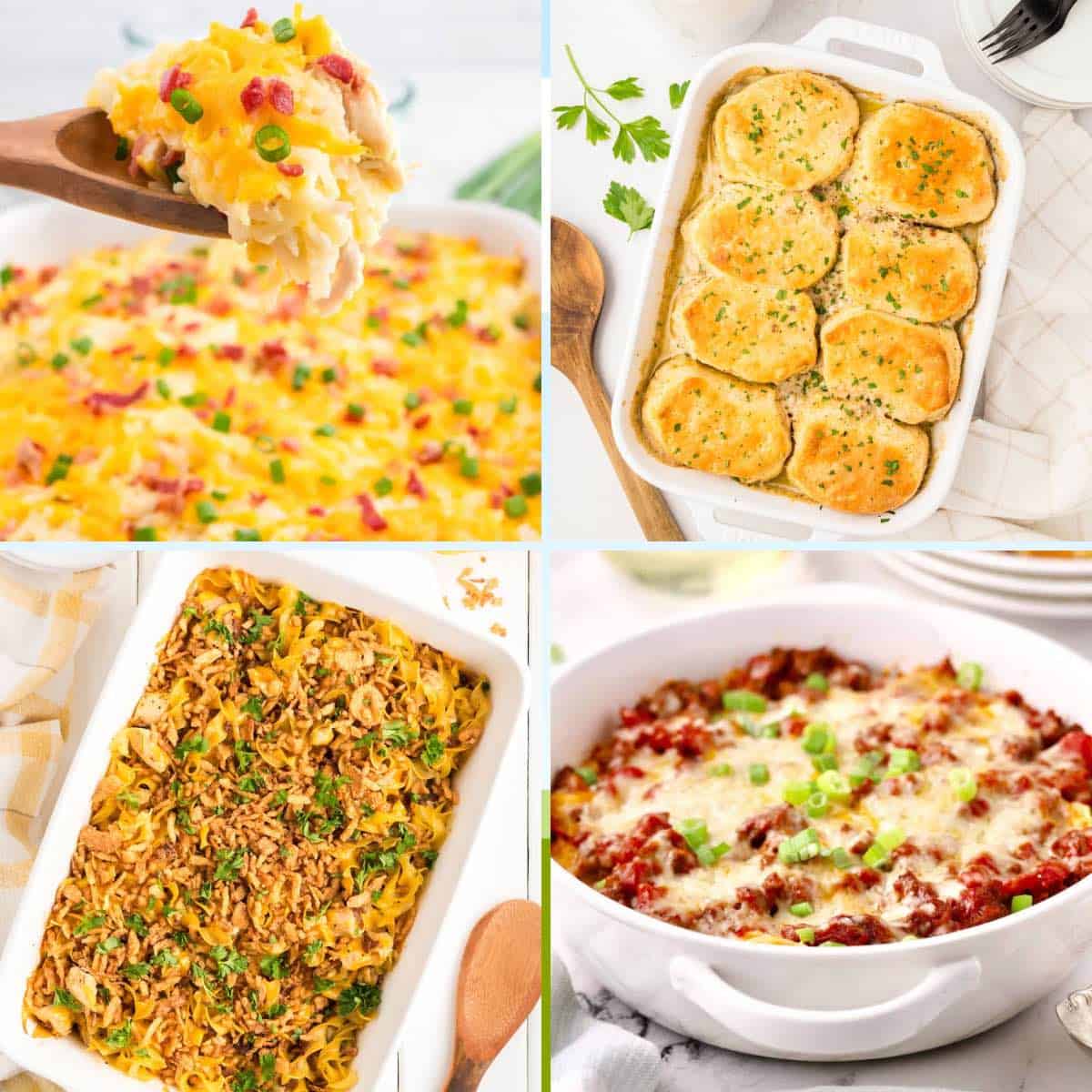 Four casseroles, including, two made with chicken, one with ground beef, and one with sausage.
