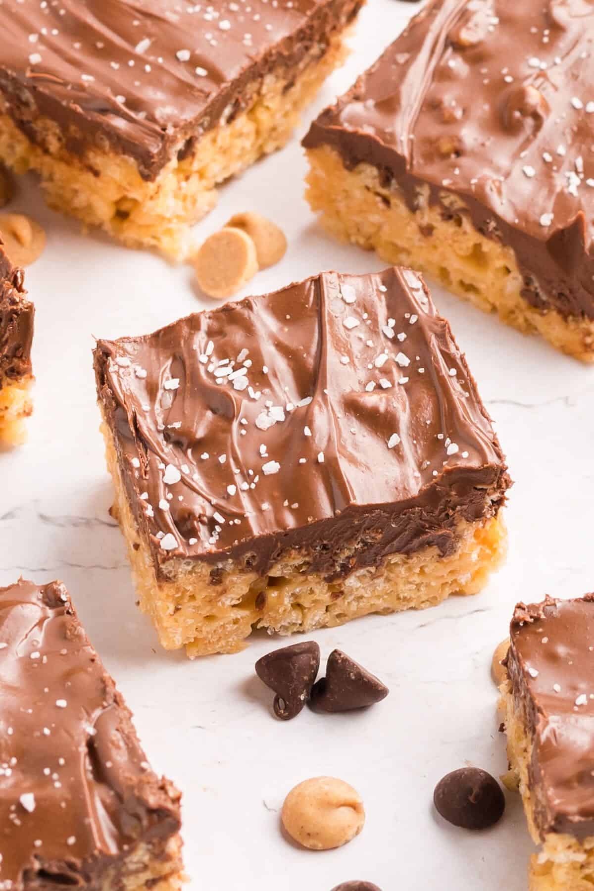 Peanut Butter and Chocolate Rice Krispie Bars on a plate.