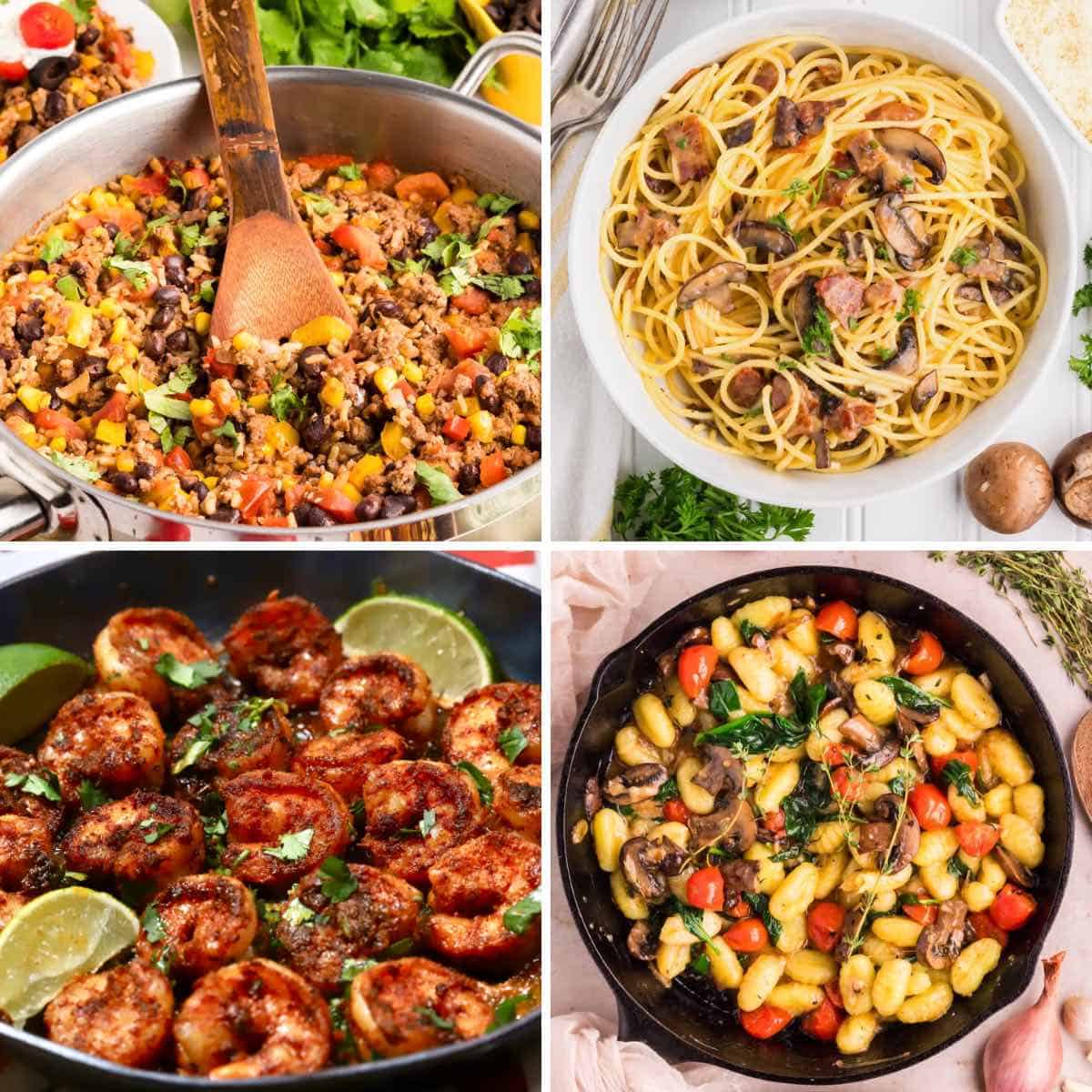 Four summer dishes including gnocchi, carbonara, beef and rice and blackened shrimp. 