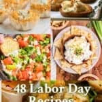 A collage of appetizer recipes for a Labor Day party, includes dips, wings and shrimp toast.