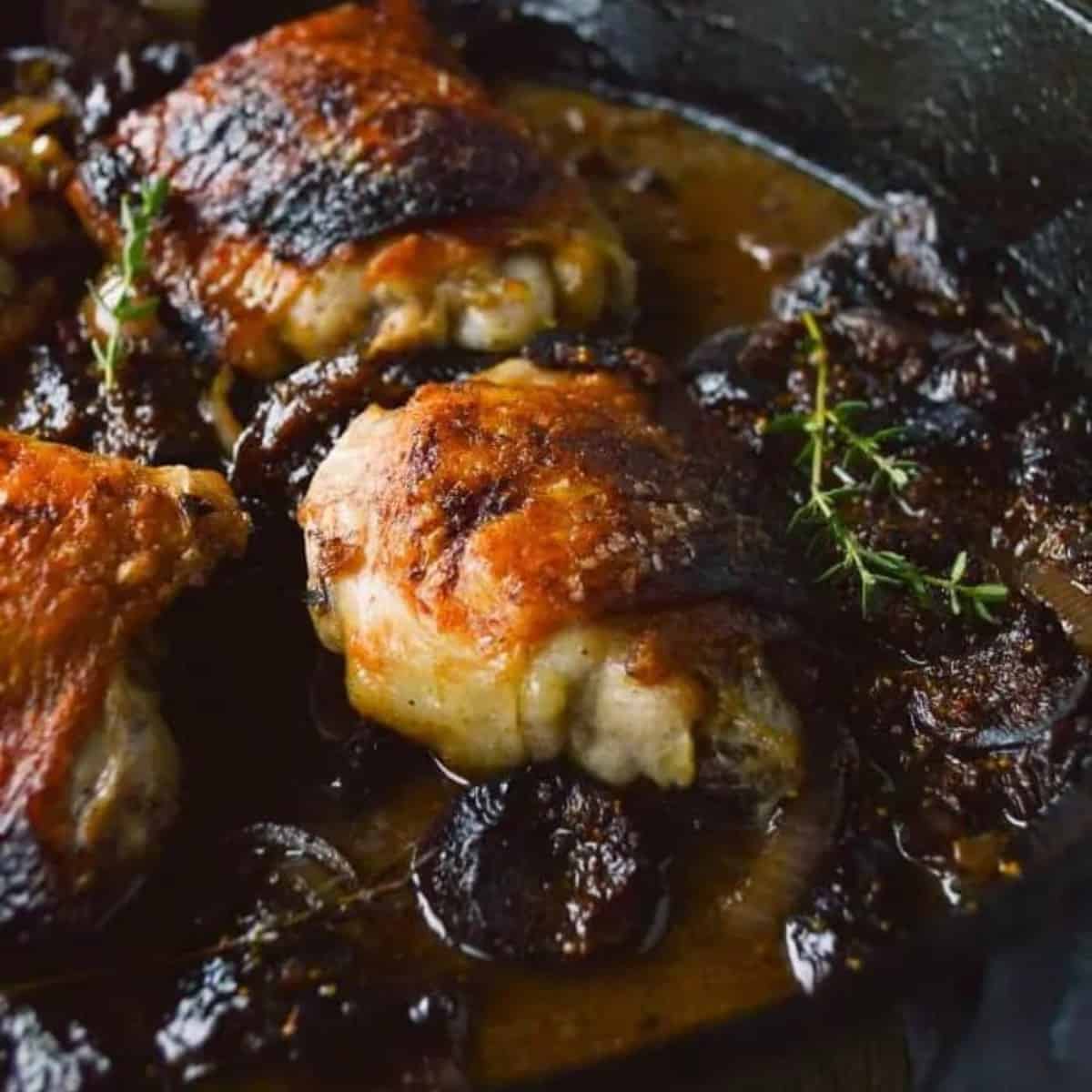 Balsamic fig chicken in a cast iron skillet. 