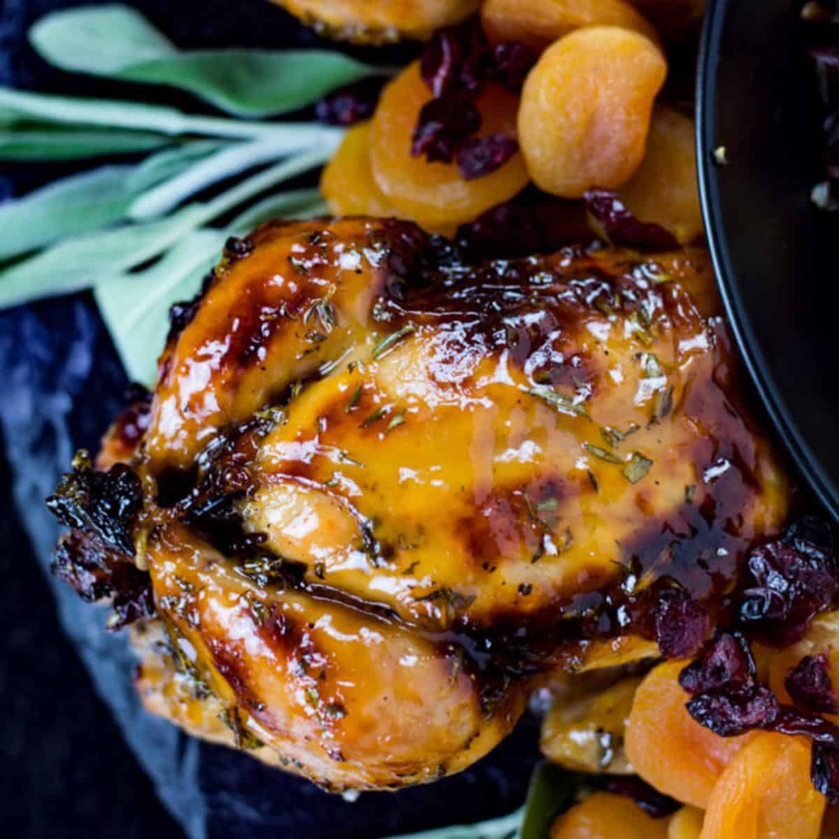 Roasted cornish game hen with apricot glaze. 