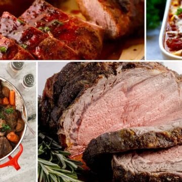 A collage of dinner party main dish recipes, including prime rib, braised chuck roast, and grilled pork tenderloin.