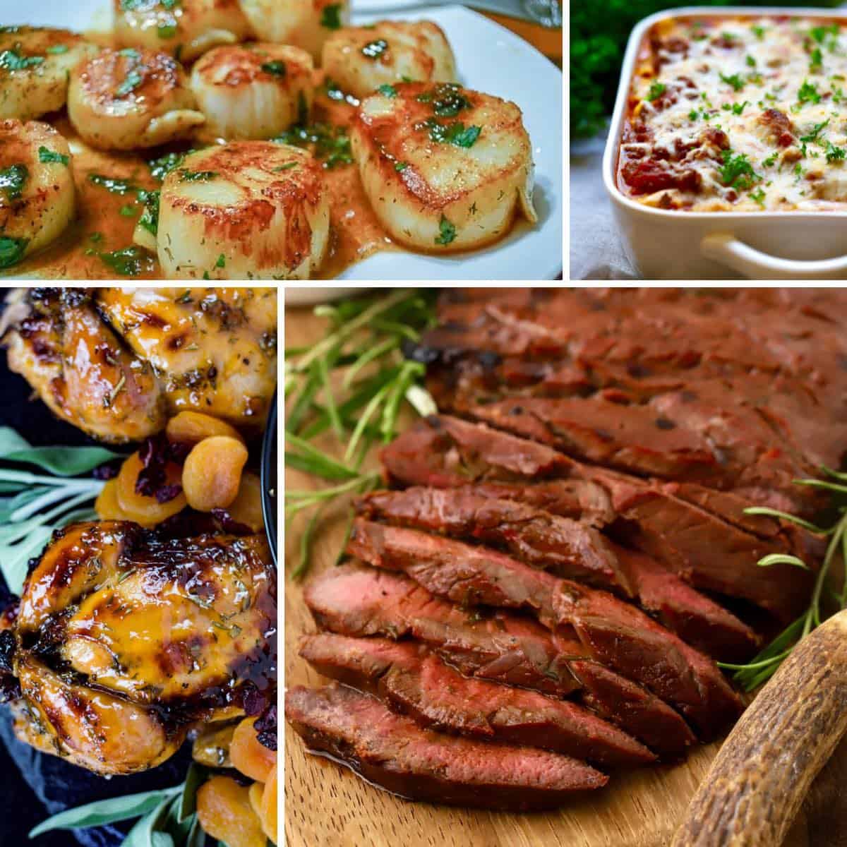 A collage of dinner party main dishes including london broil, scallops, ziti, and game hens.