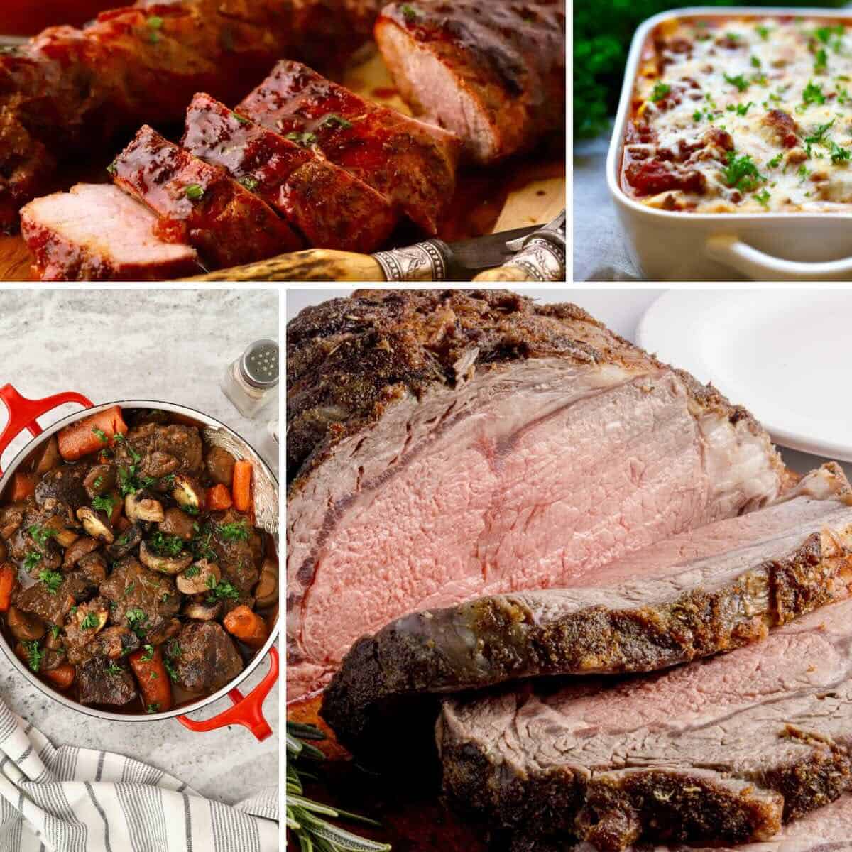 A collage of dinner party entrees including prime rib, braised roast beef, and grilled pork tenderloin.