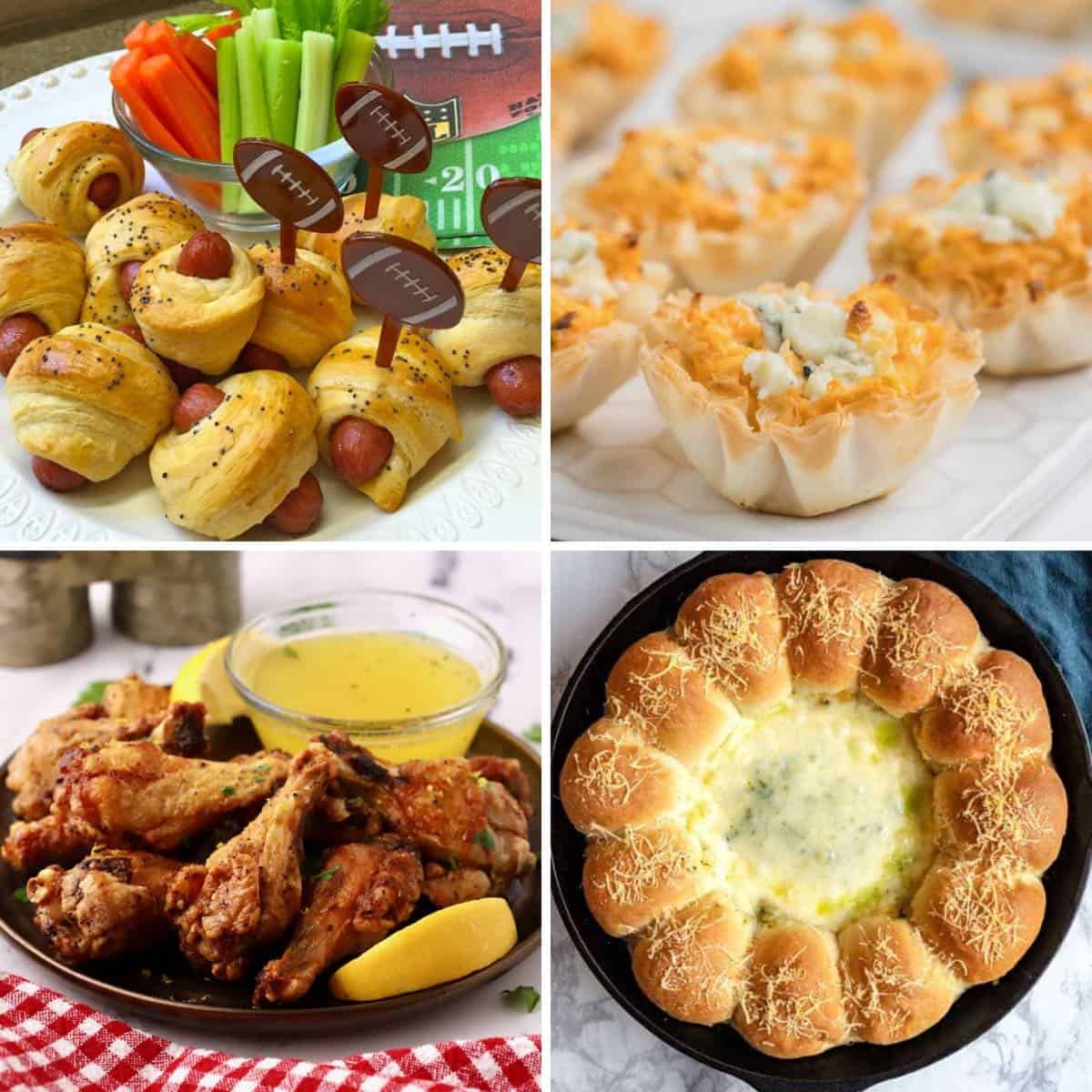 A collage with images of pigs in a blanket, chicken wings, buffalo bites, and a bread ring with dip.