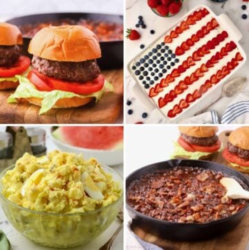 A collage of Labor Day recipes including a burger, potato salad, and baked beans.