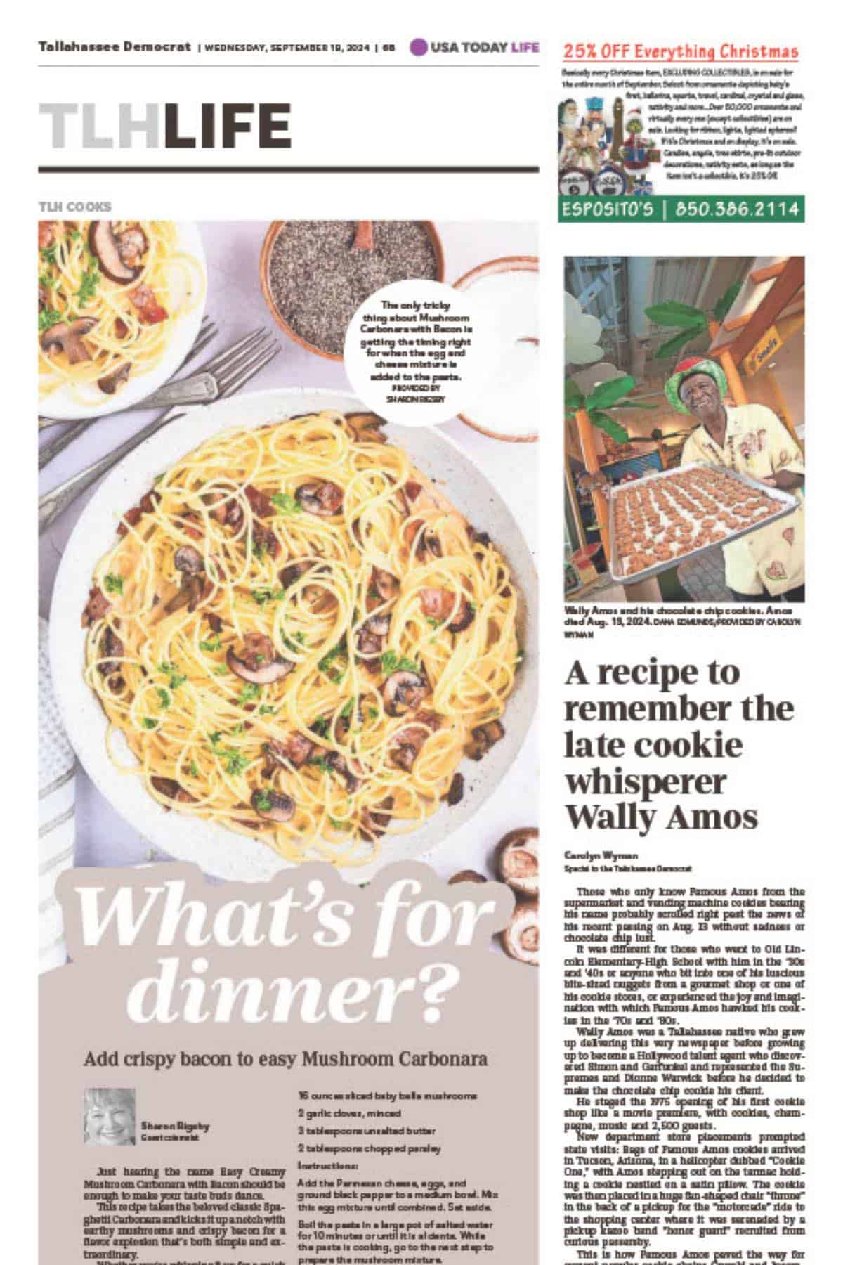 A copy of a newspaper article featuring a recipe for Mushroom Carbonara. 