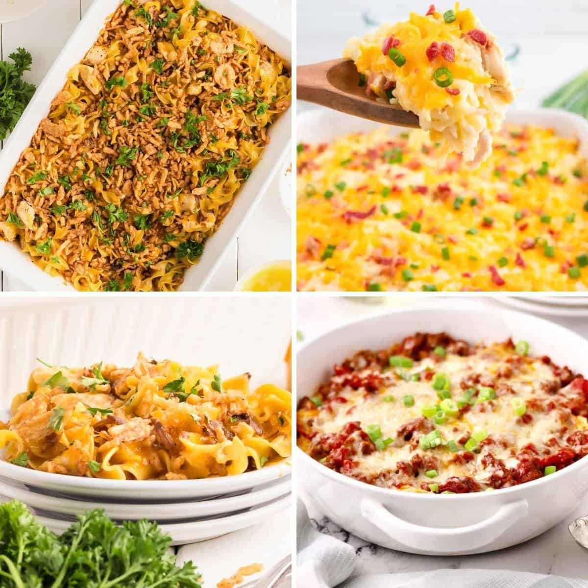 A collage of four casseroles. Two in baking dishes, and two servings. 