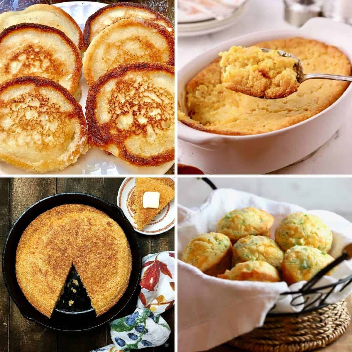 A collage of cornbread images inclluding hoecakes, cornbread, cornbread muffins and cornbread pudding.