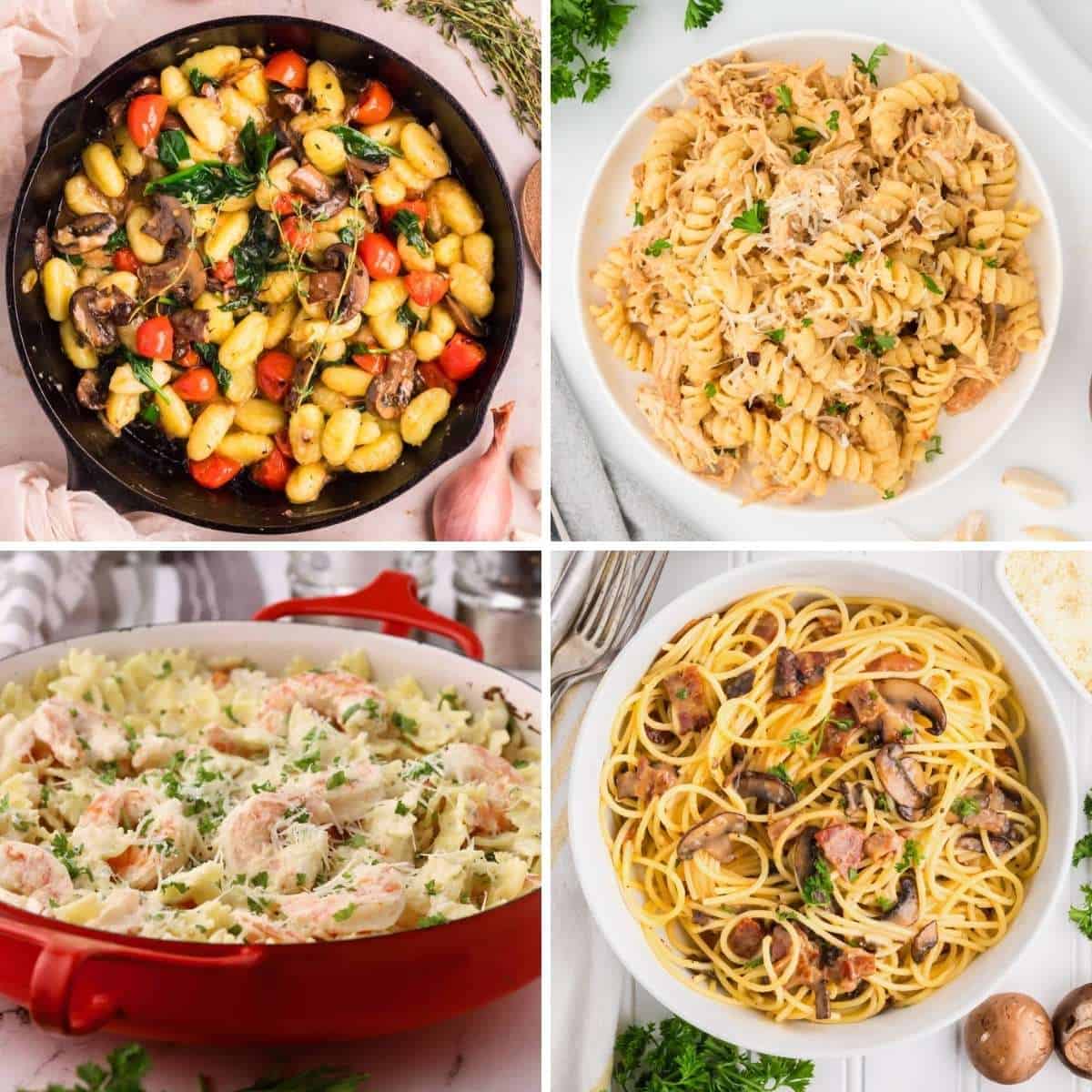 Four pasta recipes featuring gnocchi, spaghetti, shrimp and rotini. 
