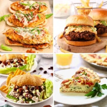 A collage of four lunch images including a chicken parmesan sandwich, fried chicken burger, chicken salad sandwich, and a piece of quiche.
