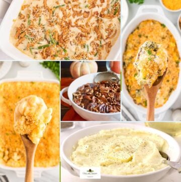 A collage of 4 Thanksgiving side dishes including mashed potatoes, mac and cheese, and green bean casserole.