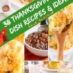 A collage of 4 Thanksgiving side dishes including mashed potatoes, mac and cheese, and green bean casserole.