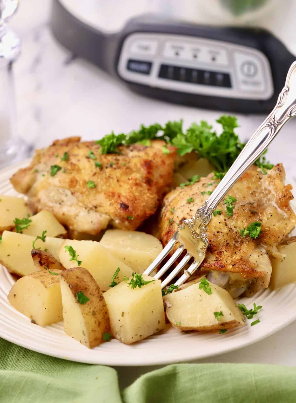 Chicken and cubed potatoes on a plate with a Crock-Pot in the rear.