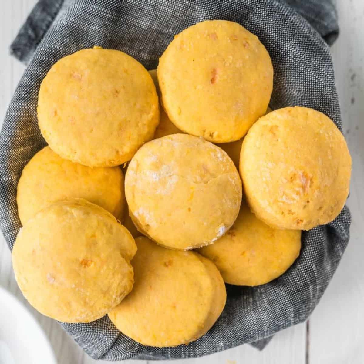 A basket of sweet potato biscuits made with buttermilk.