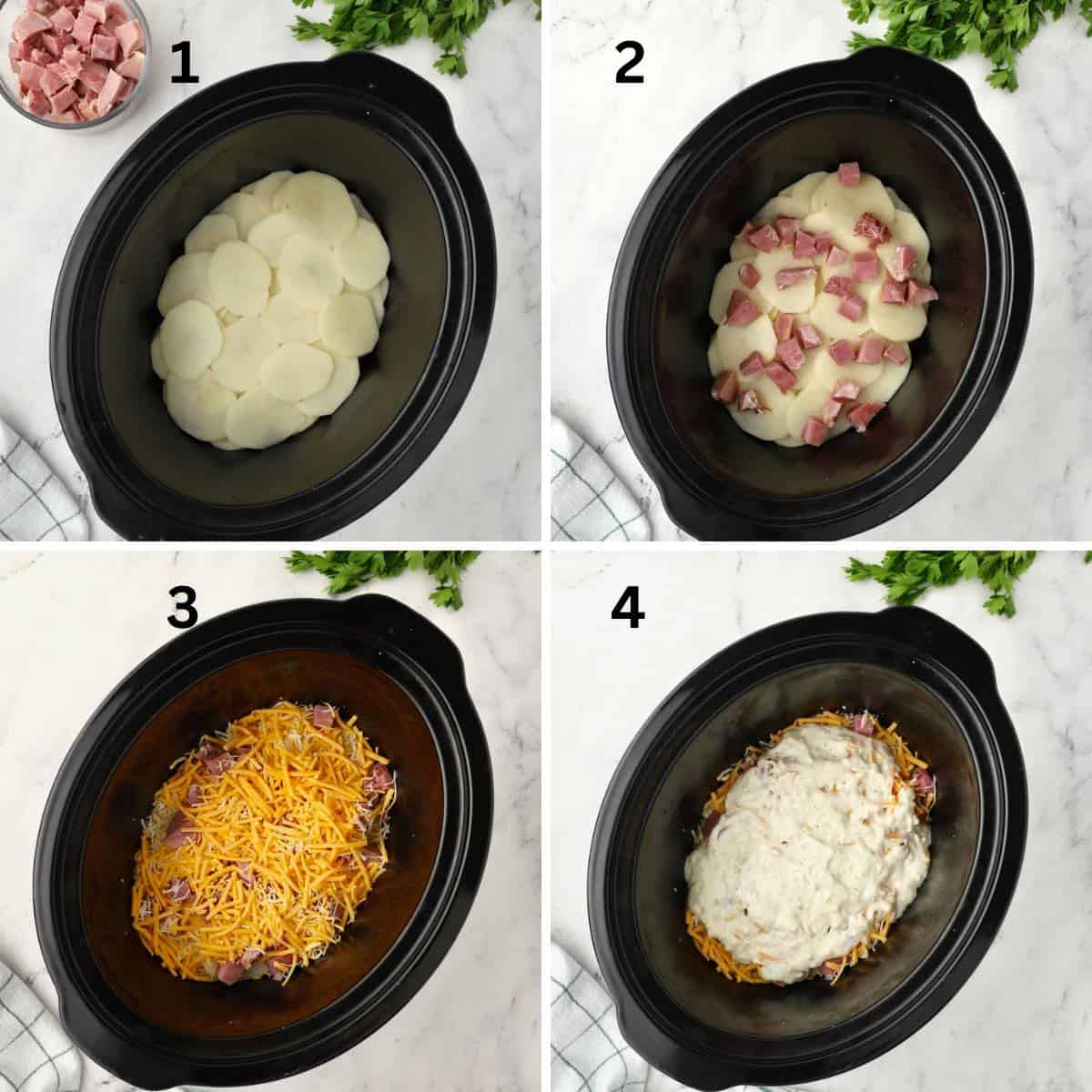 Four steps to layer potatoes, ham, cheese, and white sauce. 