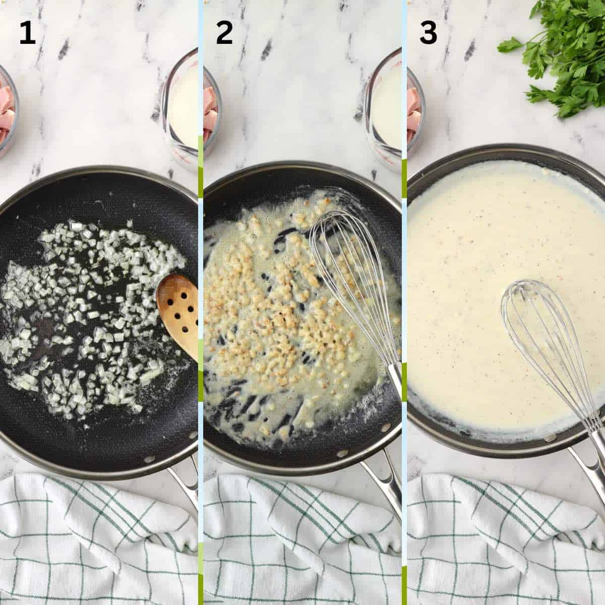 Three images showing the steps to make a white sauce: cook onions, brown flour, and add milk. 