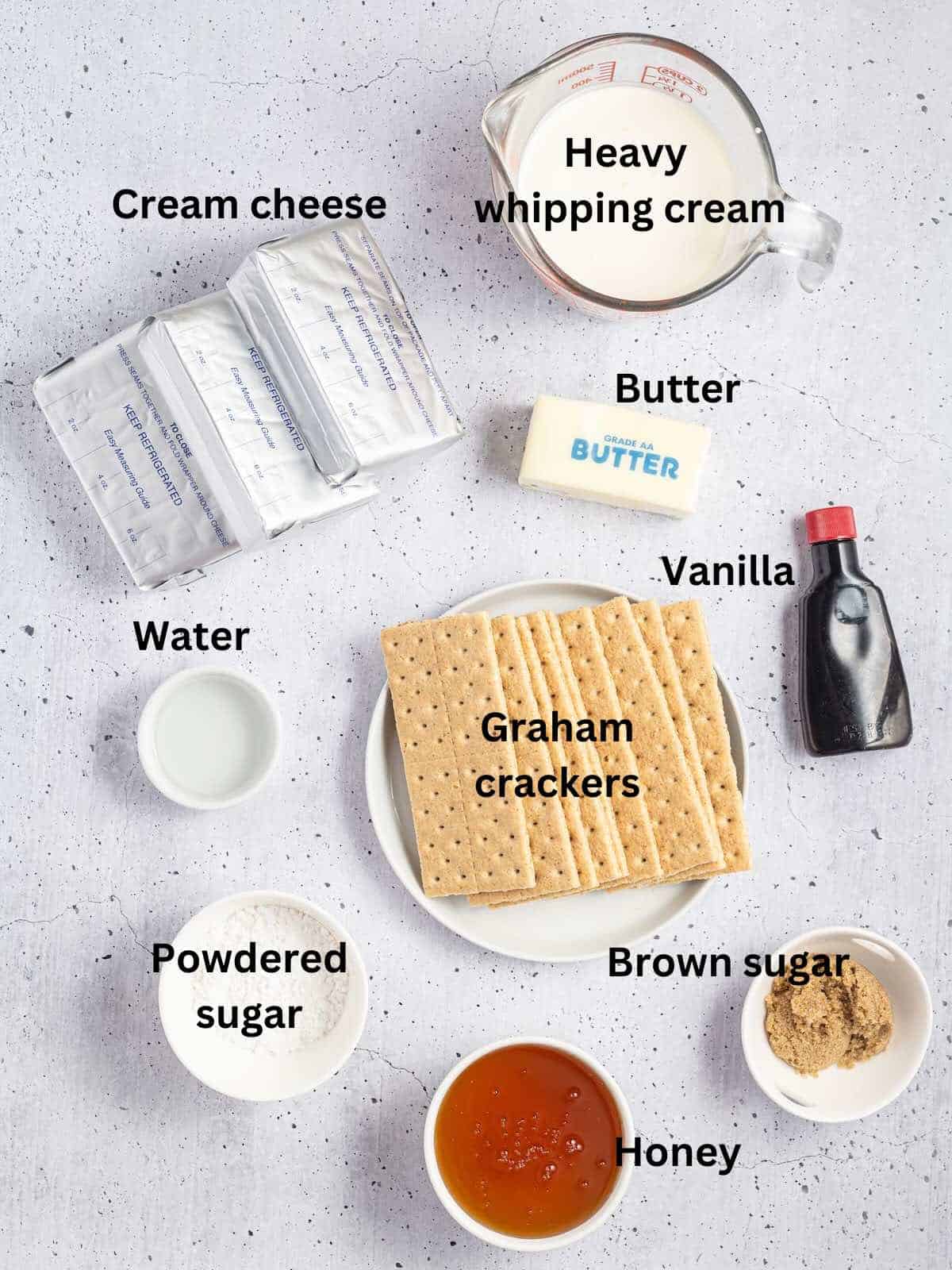 Ingredients for honey cheesecake include graham crackers, cream cheese, whipping cream, and honey. 