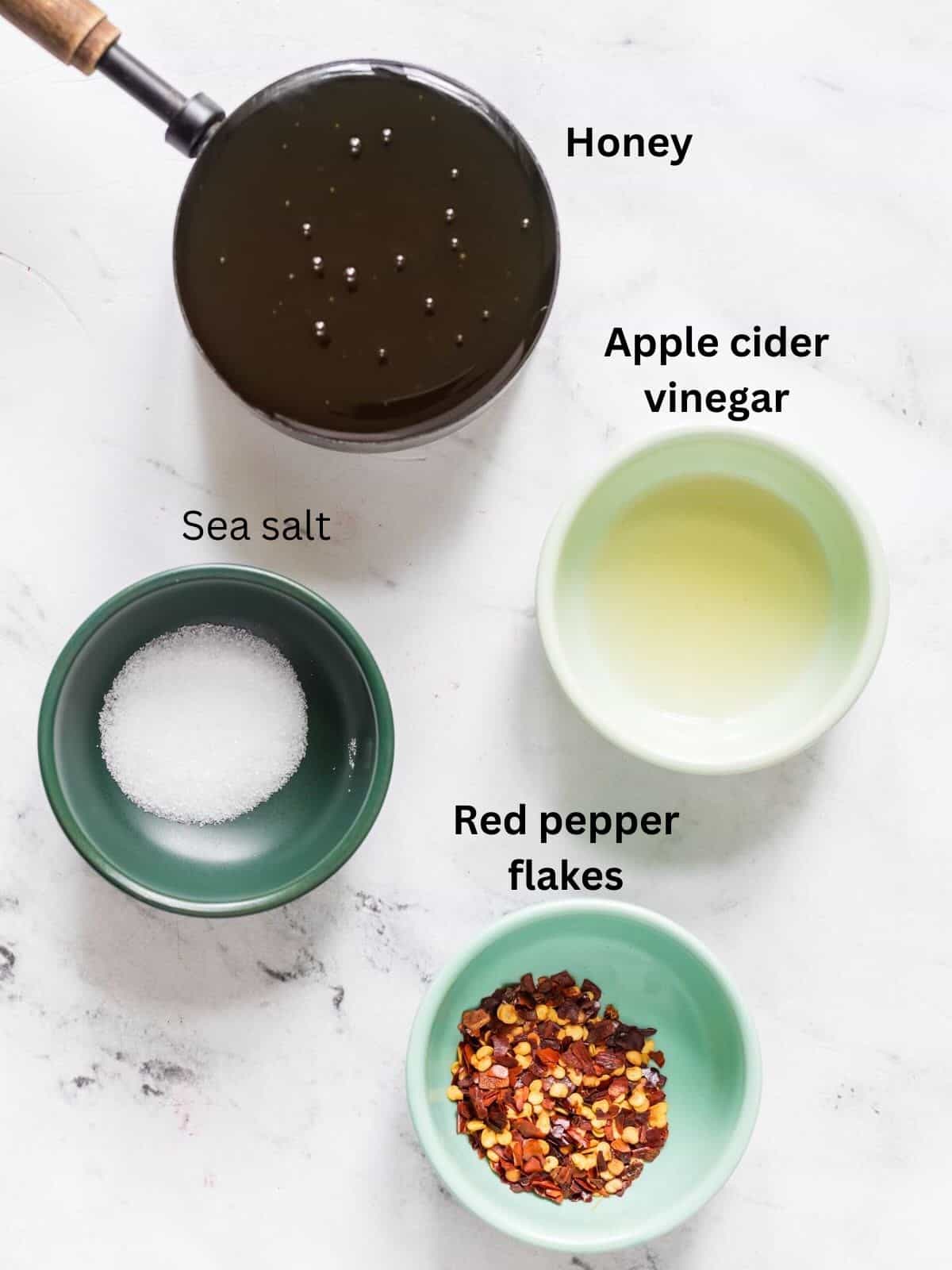 Honey, apple cider vinegar, crushed red pepper flakes and salt.
