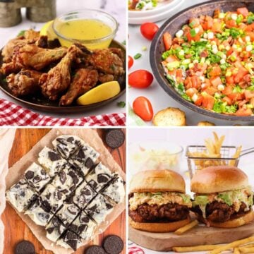 A collage of Super Boal Snacks with chicken wings, a burger, BLT dip, and Oreo fudge squares.