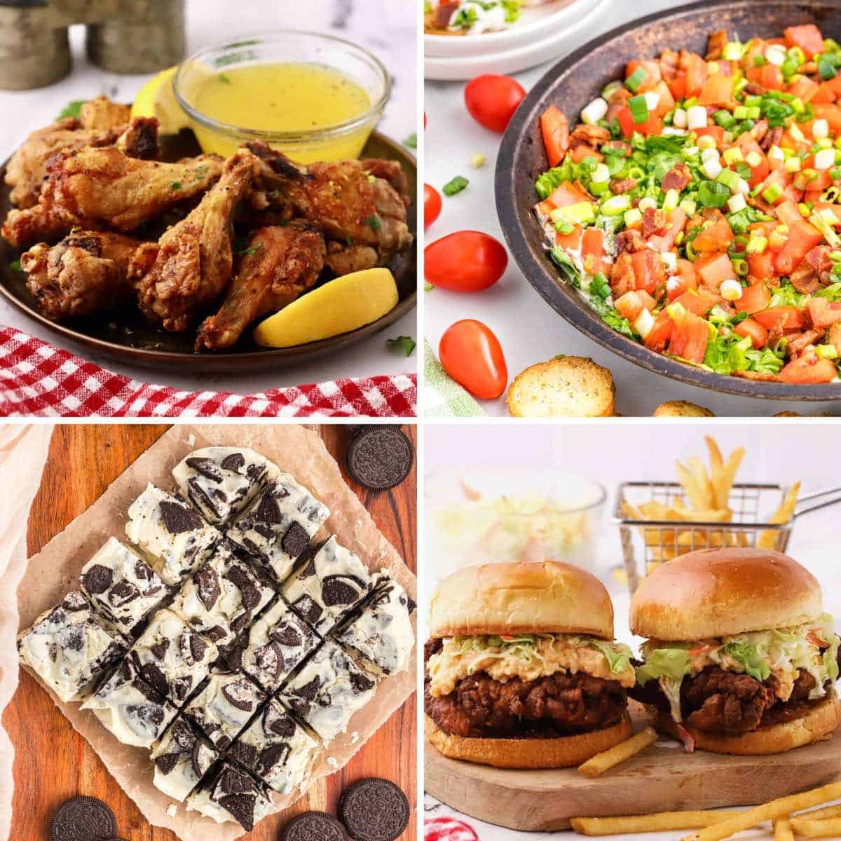 A collage of Super Boal Snacks with chicken wings, a burger, BLT dip, and Oreo fudge squares.