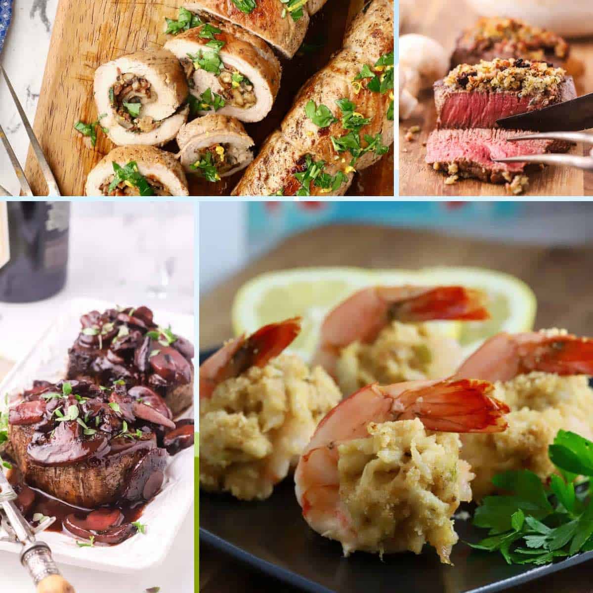 A collage of Valentine's Day dinner recipe images, including stuffed shrimp, filet mignon, stuffed pork, and a steak. 