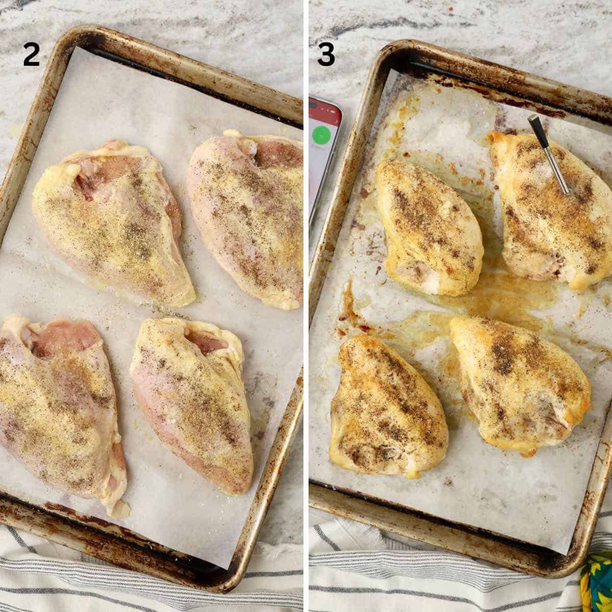 Collage with two images, one of raw chicken on a baking sheet, the other when the chicken is cooked.