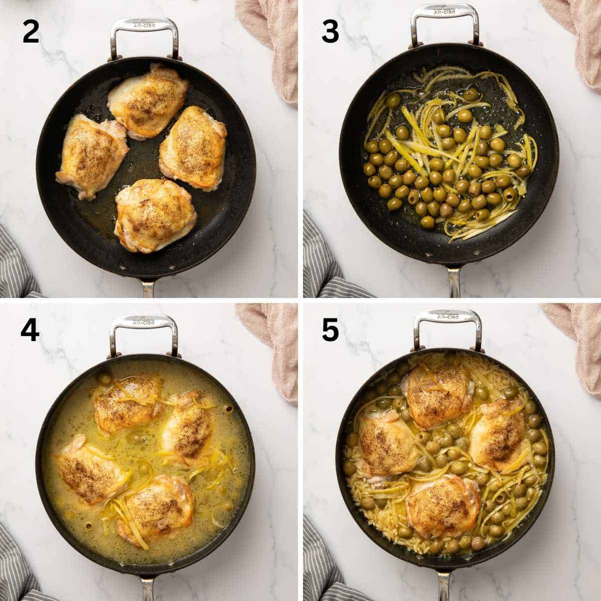 A four image collage showing four steps to make it including pan-searing the chicken, cooking the lemon and olives and adding chicken stock.