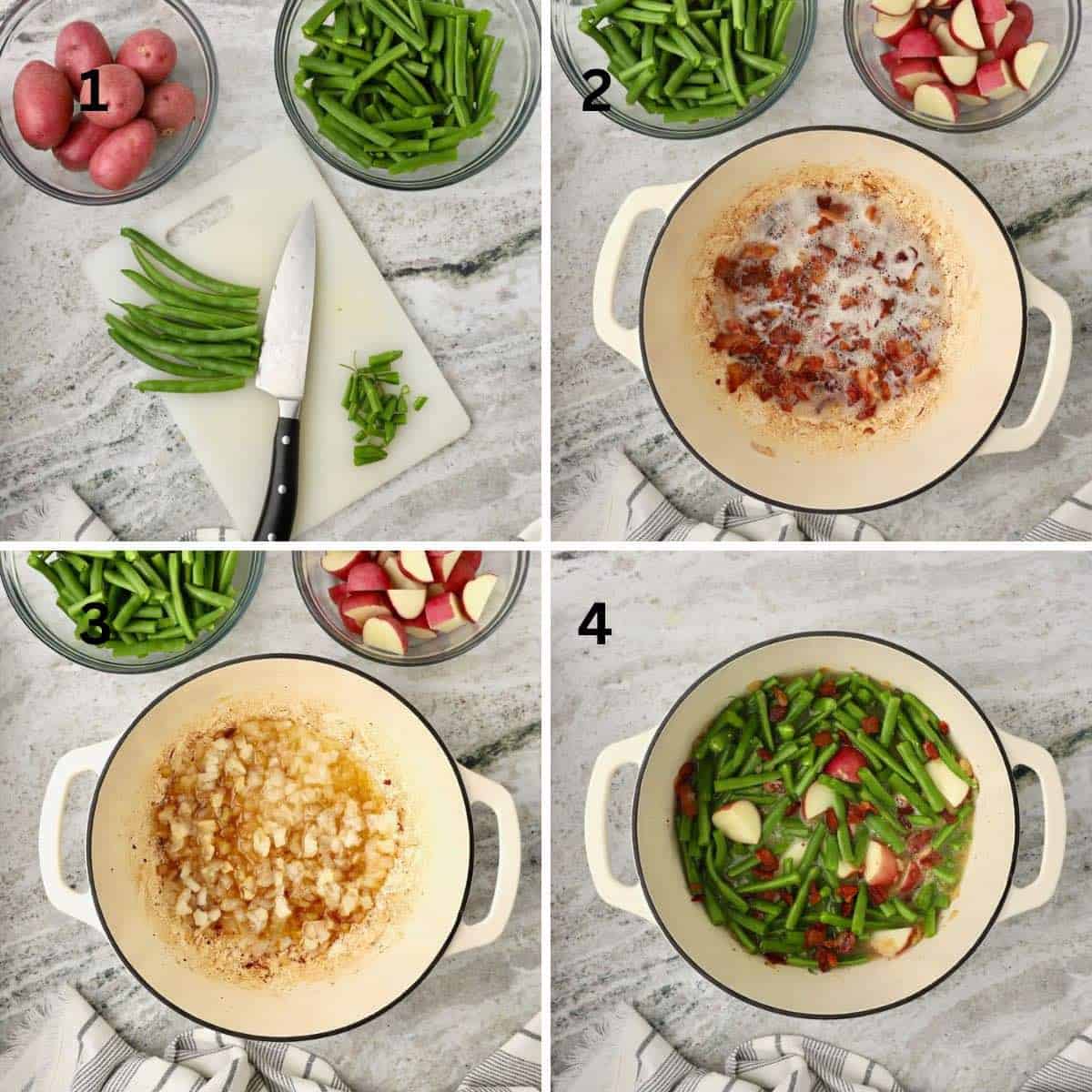 A collage of four process shots to make a green bean recipe including cooking bacon, cooking onions, and cooking the dish in a Dutch oven. 