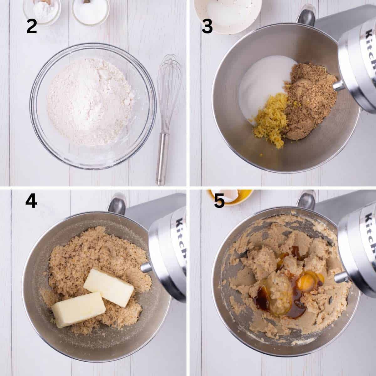 A collage of four images showing dry ingredients, mixing them, and combining them with butter.