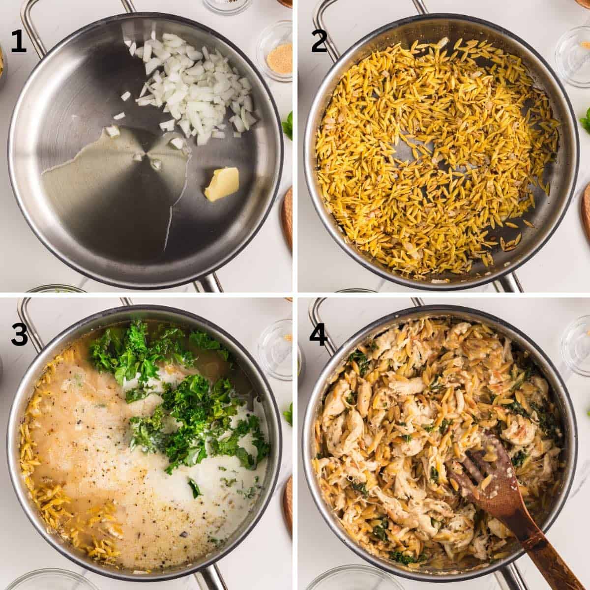 A collage of four images showing directions for steps  1-4 from toasting the orzo to adding chicken stock.  